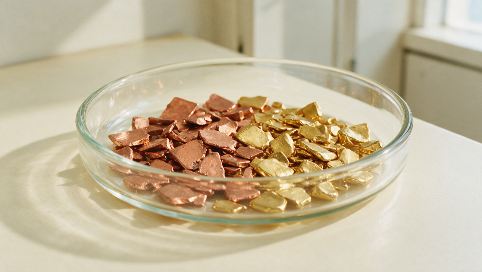 Recovered copper and gold fragments in a glass dish
