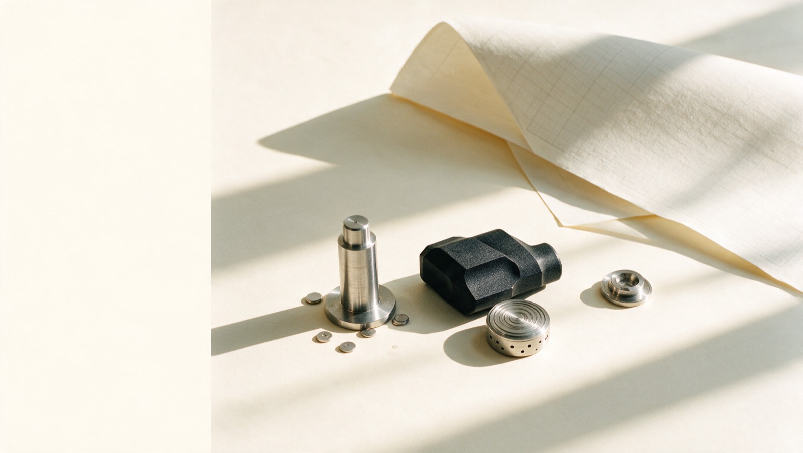 Machined components and a folded technical drawing on warm paper